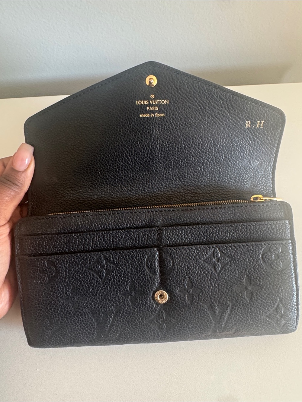 Louis Vuitton Black Embossed Monogram Continental Wallet with Gold Hardware